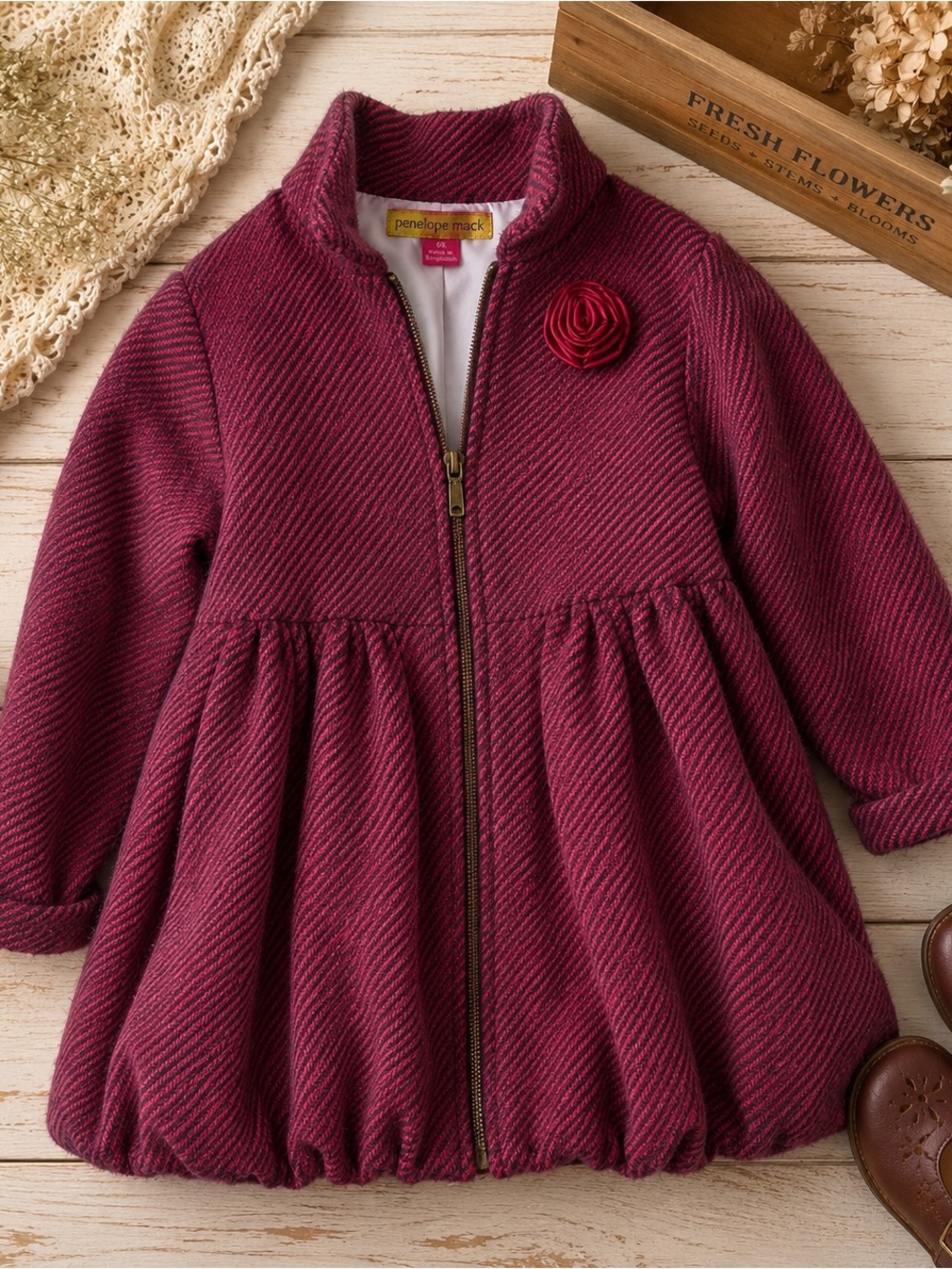 Penelope Mack Girls' Burgundy Zip-Front coat